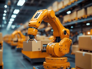 Fototapete - A robotic arm in a warehouse picks up a cardboard box.