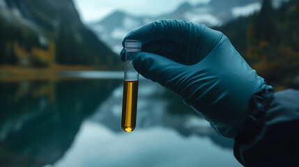 Aufkleber - Close up of gloved hand holding test tube near lake