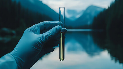 Aufkleber - Close up of gloved hand holding test tube near lake