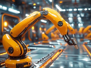 Fototapete - Close-up of a robotic arm in a futuristic factory setting, highlighting its yellow color, intricate mechanisms, and sleek design