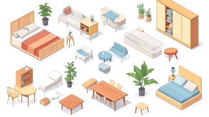 Aufkleber - Isometric set of furniture for the living room, kitchen, bedroom, and nursery, Furnishings for home and workplace interior design: bed, couch, table, plants, chair, wardrobe, lamp, cot