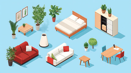 Aufkleber - Isometric set of furniture for the living room, kitchen, bedroom, and nursery, Furnishings for home and workplace interior design: bed, couch, table, plants, chair, wardrobe, lamp, cot