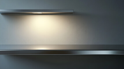 Poster - Silver steel countertop, empty shelf, realistic mockup of table top, kitchen counter on gray background with spot light, Bar desk surface in foreground
