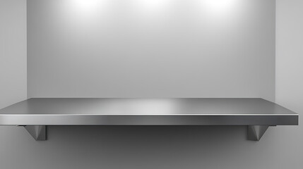Poster - Silver steel countertop, empty shelf, realistic mockup of table top, kitchen counter on gray background with spot light, Bar desk surface in foreground