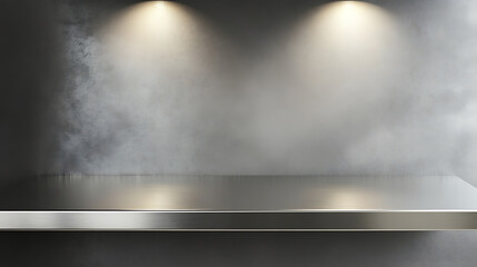 Fototapete - Silver steel countertop, empty shelf, realistic mockup of table top, kitchen counter on gray background with spot light, Bar desk surface in foreground