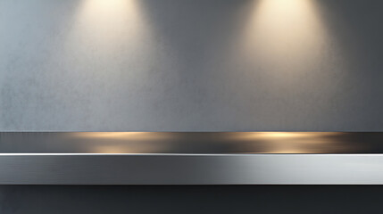 Silver steel countertop, empty shelf, realistic mockup of table top, kitchen counter on gray background with spot light, Bar desk surface in foreground