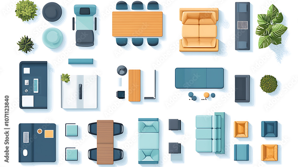 Office Furniture Top View Vector Elements Set, Kit for a workspace ...