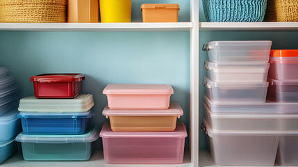 Poster - Several plastic household items, neatly arranged home furnishings, ample storage space, and lidded container boxes for convenient item storage