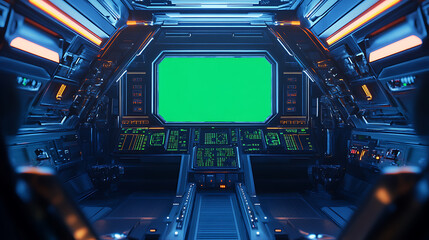 Aufkleber - Spaceship cockpit view with futuristic control panels and green screen