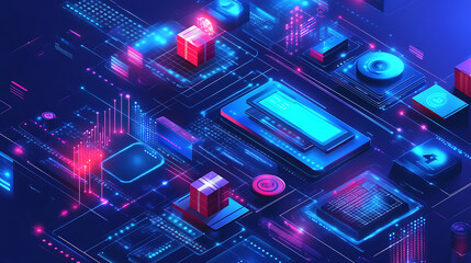 Fototapete - Isometric global logistics network is depicted, highlighting fast delivery, online shopping, internet payments, and protection for money transfer