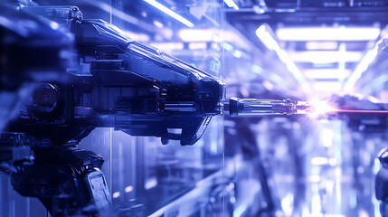Aufkleber - futuristic robotic welding arms in automotive factory industry 40 automation blurred digital art