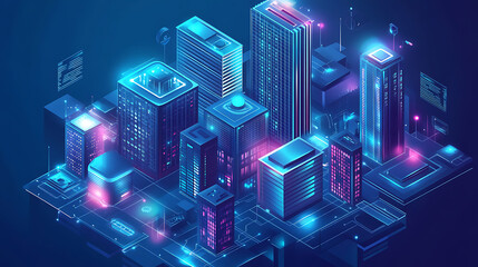 Aufkleber - intelligent building or smart city isometric vector concept, Automation of buildings using an example of computer networking, Technology of the future: IoT platforms