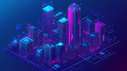 Poster - intelligent building or smart city isometric vector concept, Automation of buildings using an example of computer networking, Technology of the future: IoT platforms