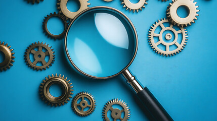 Aufkleber - Magnifying glass and gears on blue background representing seo audit and analysis