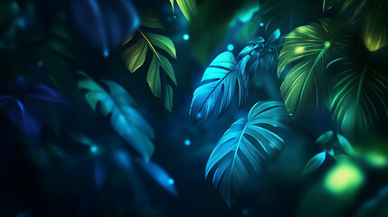 Aufkleber - lush tropical leaves illuminated with mesmerizing blue and green hues abstract background
