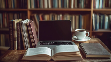 Poster - Modern e-learning setup with a laptop, books, and a cup of coffee, symbolizing online education and distant learning