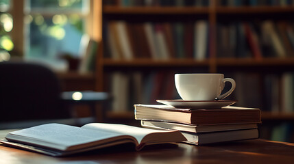 Poster - Modern e-learning setup with a laptop, books, and a cup of coffee, symbolizing online education and distant learning