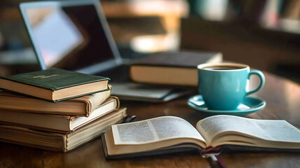 Poster - Modern e-learning setup with a laptop, books, and a cup of coffee, symbolizing online education and distant learning