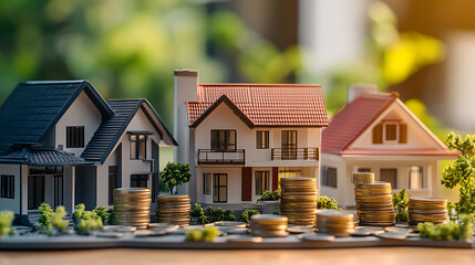 Fototapete - real estate investment concept multiple houses with stacks of coins representing property income tax and passive revenue streams financial growth