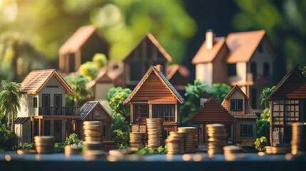 Poster - real estate investment concept multiple houses with stacks of coins representing property income tax and passive revenue streams financial growth