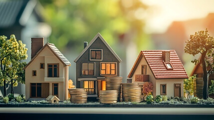 Poster - real estate investment concept multiple houses with stacks of coins representing property income tax and passive revenue streams financial growth