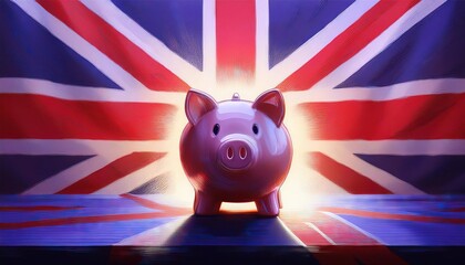 Wall Mural - British Flag Background Featuring a Pink Piggy Bank