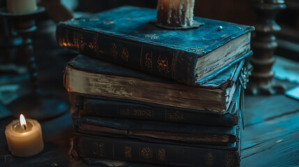 Poster - Stack of old books and grimoires with candle on wooden table