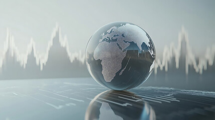 Leinwandbilder - The globe is seen through the glass of an abstract stock chart, with a blue background and a gray line graph The planet Earth sits on top of a glossy sphere against a white backdrop