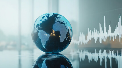 Poster - The globe is seen through the glass of an abstract stock chart, with a blue background and a gray line graph The planet Earth sits on top of a glossy sphere against a white backdrop
