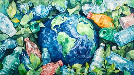 Poster - Watercolor painting of earth, plastic bottles, and greenery, symbolizing environmental conservation and sustainability