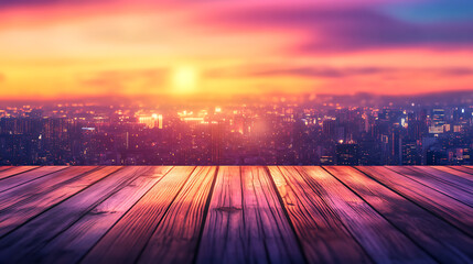 Poster - Wooden floor with a city skyline and sunset sky background Panoramic platform for product display or promotional banner