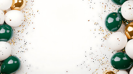 Leinwandbilder - illustration of green and white balloons, golden streamers on the right side, empty space in the center