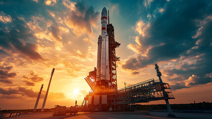 Wall Mural - space rocket on the launch pad, panoramic shot of the sky and setting sun in the background