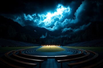 A moody, gothic-inspired stadium with eerie lighting and intense shadows during a late evening match