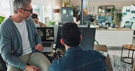 Leinwandbilder - Men, discussion and computer screen for coding in office with reading, review or advice for programming. People, partnership and developer by pc for collaboration, thinking and IT solution at startup