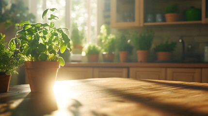 Inviting Kitchen Table: Design a beautifully lit wooden kitchen table scene with a blurred background of plants and cabinets, conveying warmth and hospitality.Generated with AI 