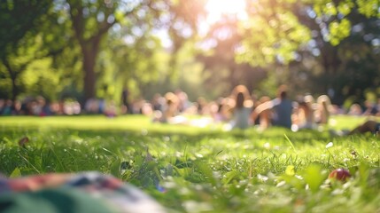 Defocused background of a bustling park picnic capturing the sense of community and togetherness a the picnickers.