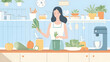 © Steven - Mature Wellness: a mature woman with fresh vegetables making a healthy smoothie in her kitchen, emphasizing healthy living. Generative AI