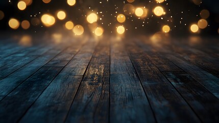 Empty wooden floor with blurred night lights in the background