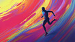 © Steven - Runner’s Journey: a man running a marathon in an abstract, colorful style, emphasizing effort and determination in his stride. Generative AI
