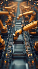 Poster - A long line of robotic arms work on a factory assembly line.