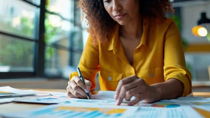 Leinwandbilder - This woman in a yellow shirt focuses on charts, writing insights in a sunlit workspace.