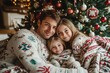 © Kedsara - Parents and kids snuggled by a decorated Christmas tree, cozy blankets, peaceful holiday togetherness