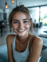 Wall Mural - Smiling Young Woman with Blue Eyes