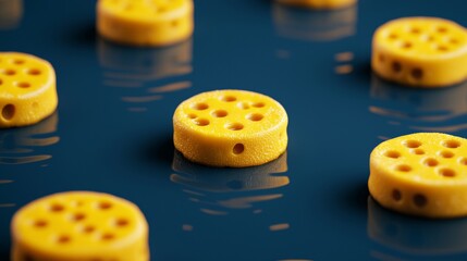 Yellow round objects with holes arranged on a blue surface.