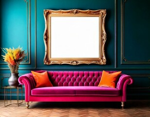 mock up of framed photo on wall colourful room with sofa art gallery, abstract background, bright, modern, arty, empty picture frame