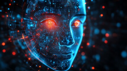Aufkleber - A digital rendering of a humanoid face with glowing red eyes and a digital pattern overlay.