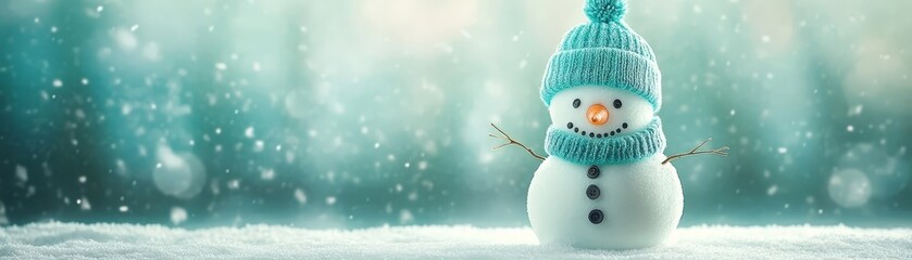 Wall Mural - Whimsical snowman in a blue hat and scarf, charming winter wonderland scene