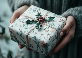 Wall Mural - Hands Holding a Neatly Wrapped Christmas Gift with Holly Berry Pattern on White Paper