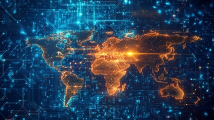 Poster - A glowing orange world map superimposed on a blue circuit board background, representing global connectivity and technology.